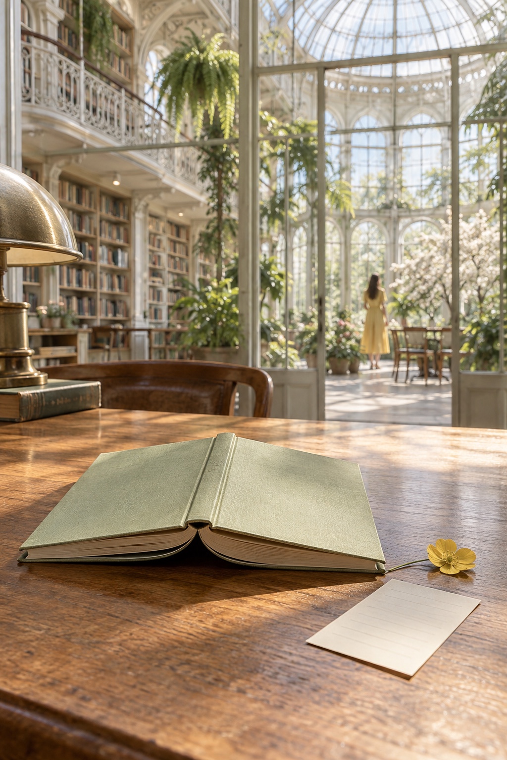 Un libro verde pálido y una flor amarilla sobre una mesa iluminada por el sol bajo el domo de cristal de una biblioteca
