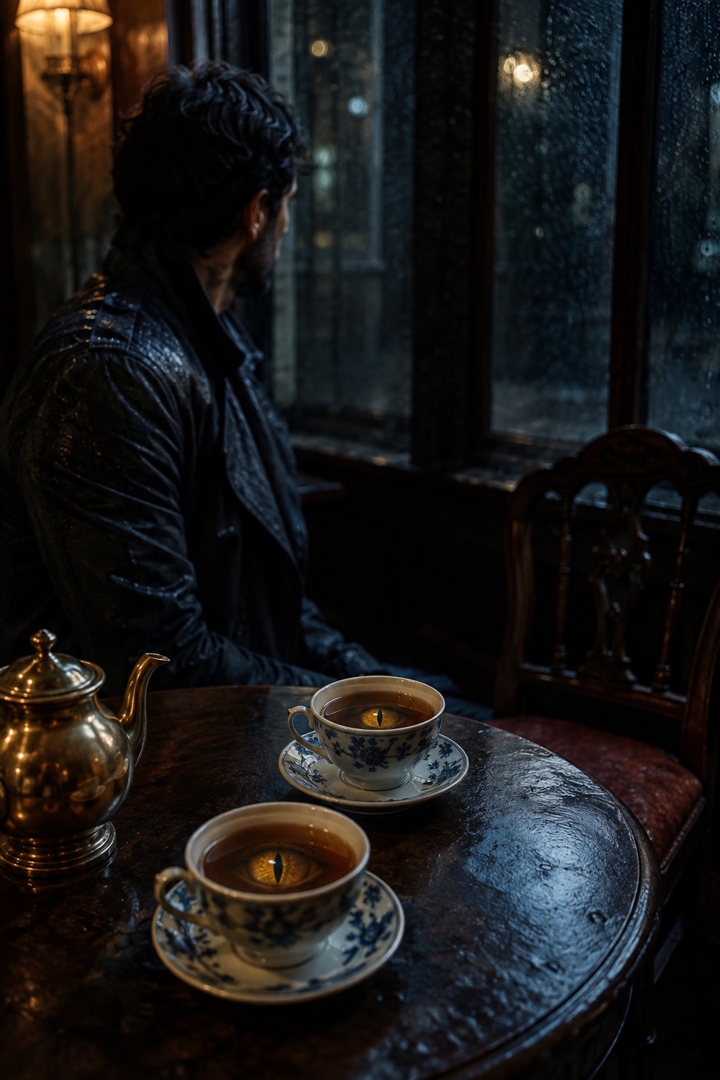 Un hombre de cabello oscuro junto a la ventana lluviosa de una casa de té, con ojos dorados de dragón reflejados en dos tazas