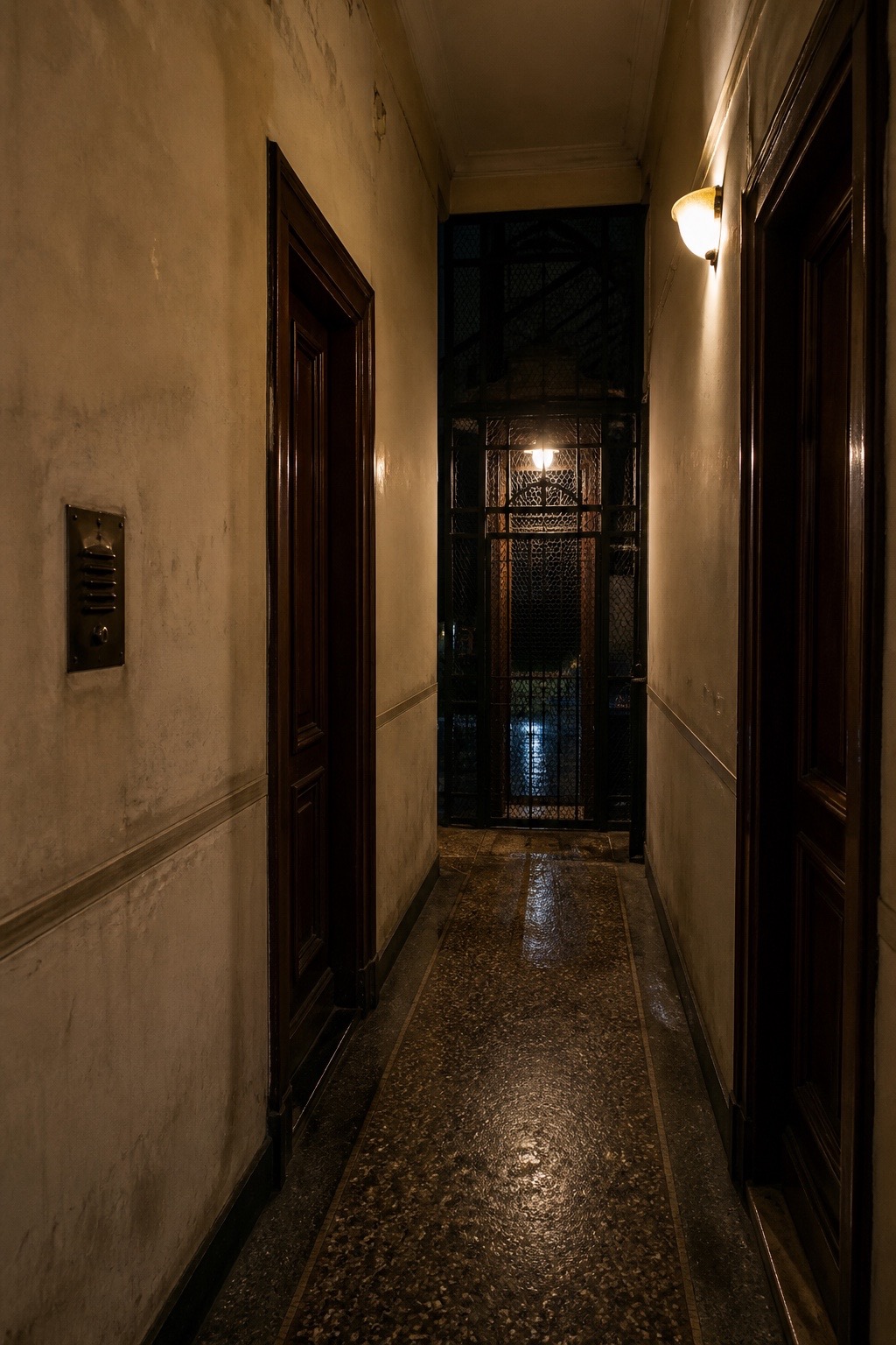 Un pasillo nocturno de un viejo edificio conduce a un elevador de reja